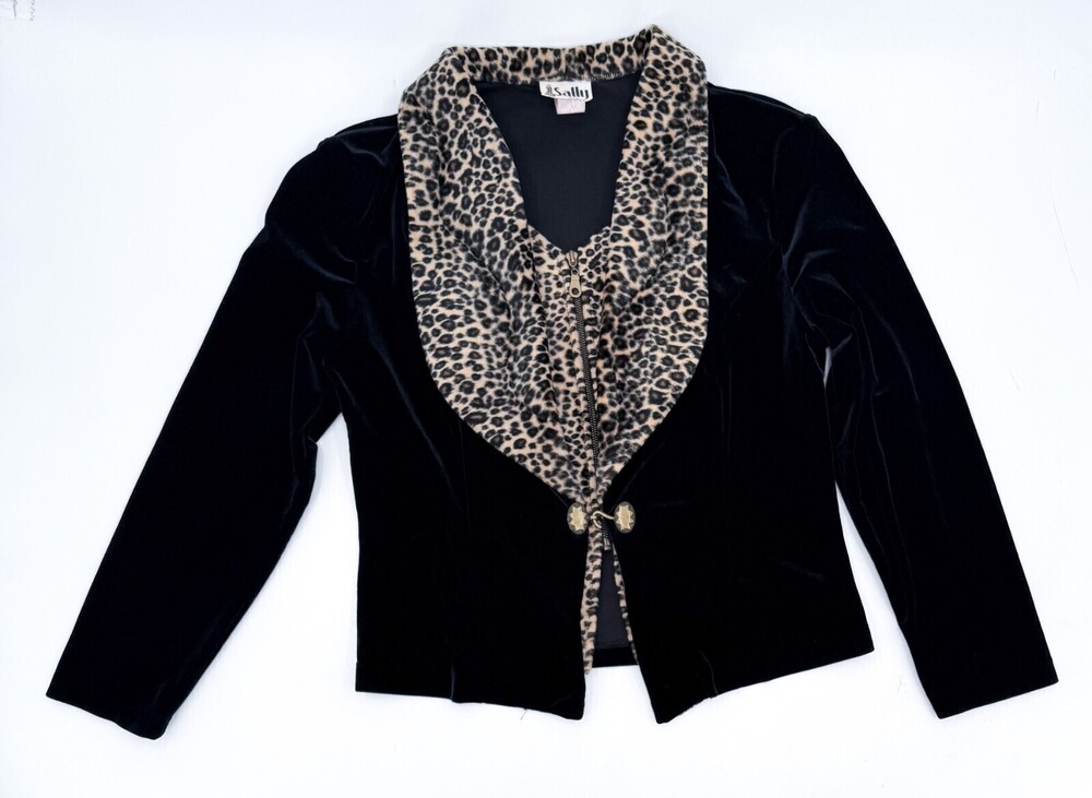 Vintage Sally Top Womens Extra Large Black Leopard Velvet Hook & Zip Padded